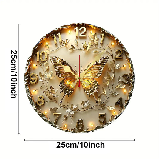 Tyylikäs Puinen Seinäkello 25 cm – Kultainen Perhonen & LED-Valot | Hiljainen Koneisto