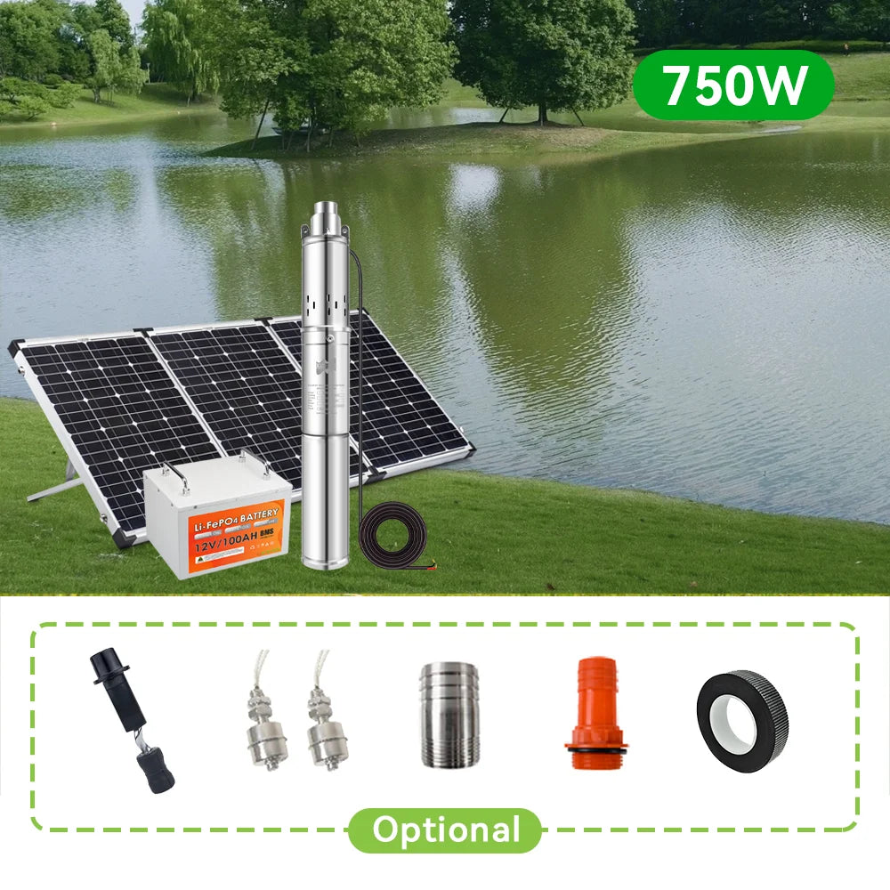 Aurinkoenergia Uppopumppu 150–750W – DC Kaivopumppu | Nostokorkeus 35–80 m | CE-Sertifioitu