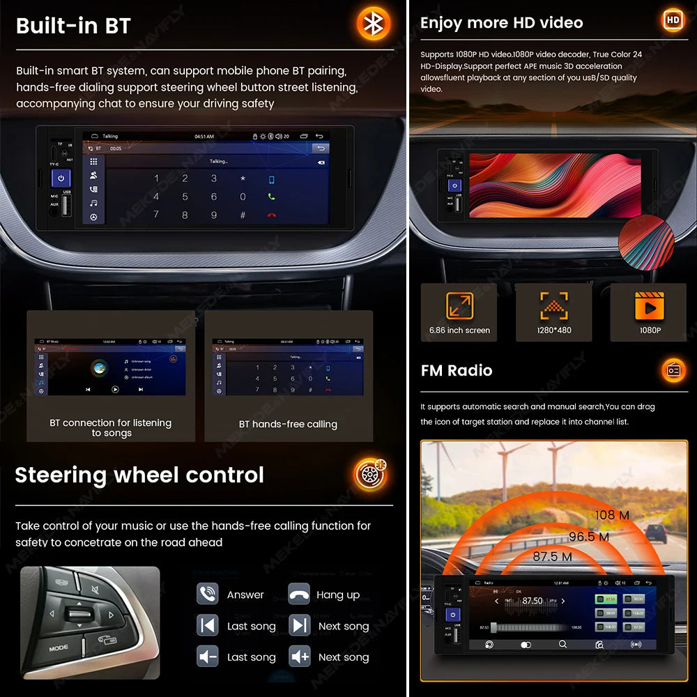 Yleismallinen Autosoitin 7" 1DIN – CarPlay & Android Auto | AHD-Kamera | Bluetooth | CE