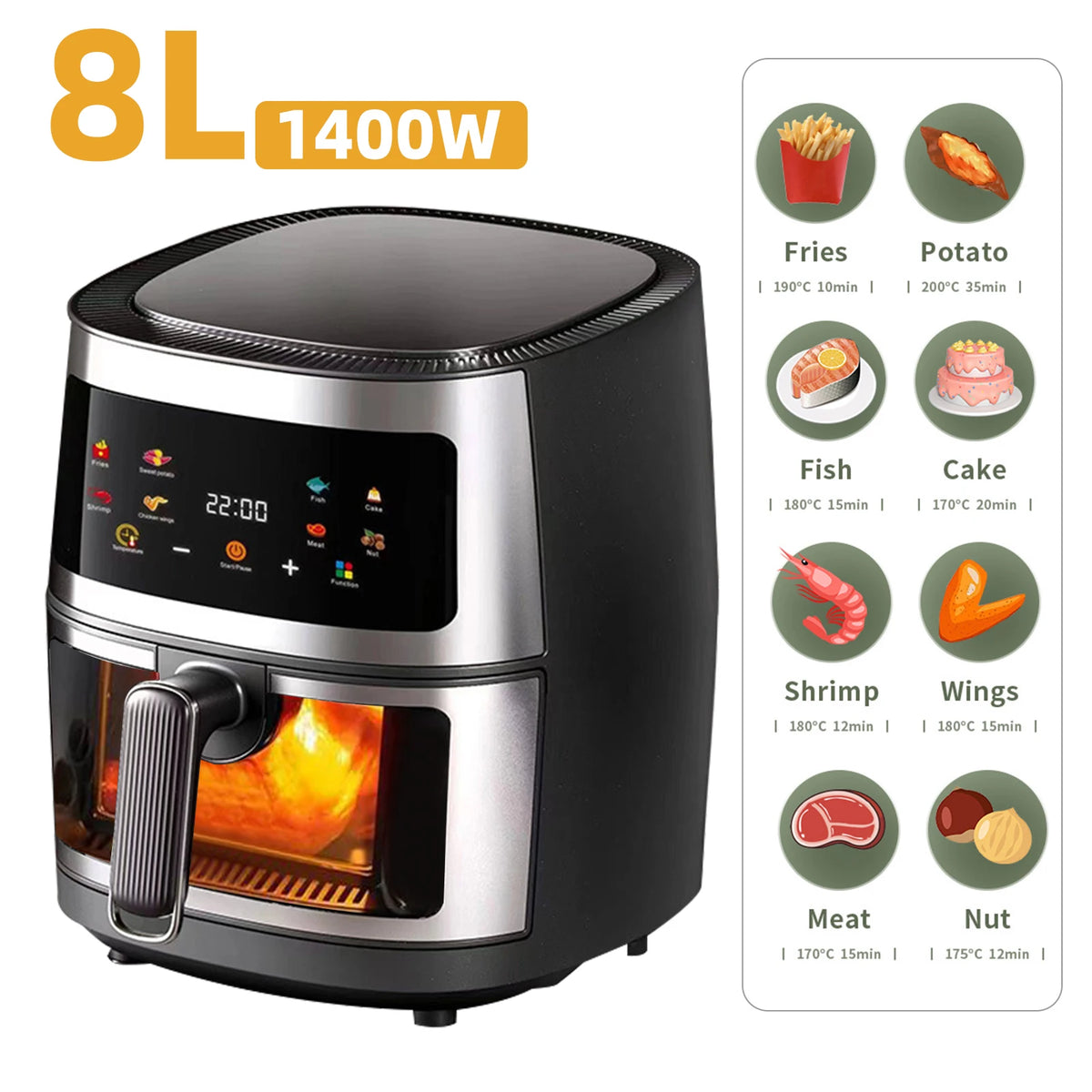 AirFryer 8L 1400W – 360° Kuumailma | 8 Toimintoa | LED | BPA-Vapaa | CE | 1v Takuu | Nopea Toimitus