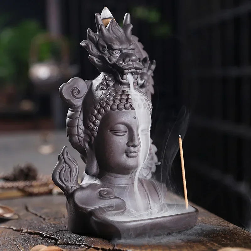 Lohikäärme & Buddha Suitsukeastia – Keramiikka Takavirtaus | Vesiputousvaikutelma | 17×9,5 cm