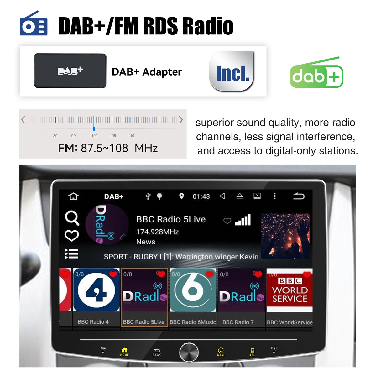 Yleismallinen Autosoitin 10" 1DIN – Android 15 | 4/64 Gt | CarPlay & Android Auto | GPS | WiFi