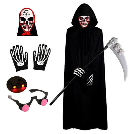 Viikatemies Halloween-asu – huppu ja punaiset silmät
