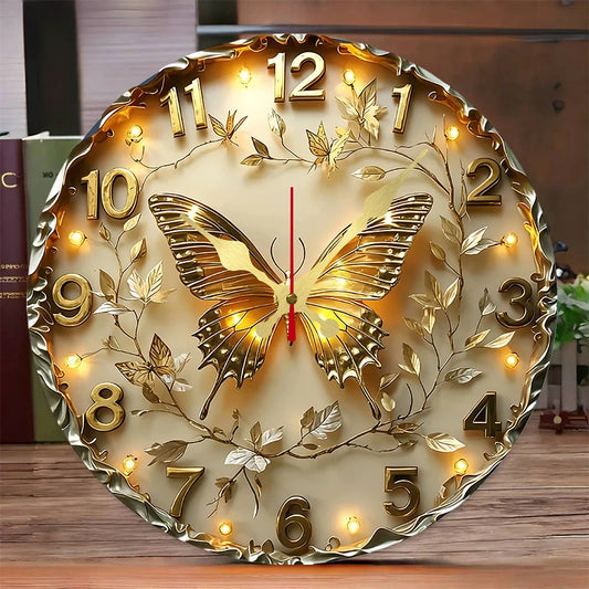 Tyylikäs Puinen Seinäkello 25 cm – Kultainen Perhonen & LED-Valot | Hiljainen Koneisto