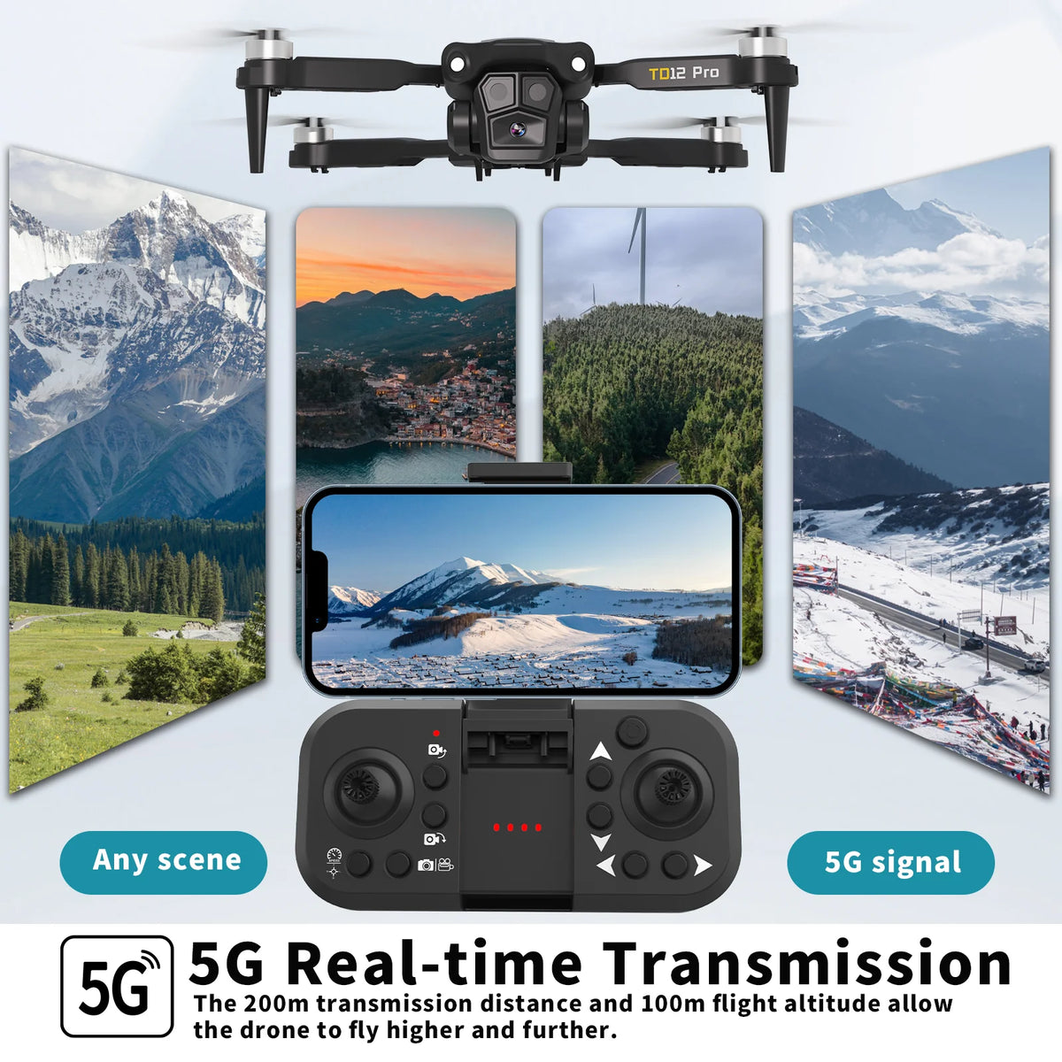 Drone 1080p HD Kameralla – TD12 Pro | 5G WiFi | Harjattomat Moottorit | Taitettava 140g | CE