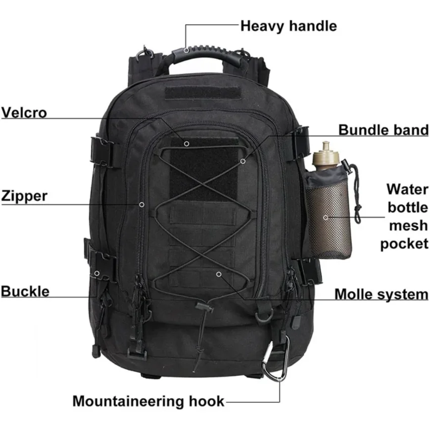 Vaellusreppu 60L – Taktinen Nylon | MOLLE-Järjestelmä | Vettä Hylkivä | 4 Väriä | Vaellus & Telttailu