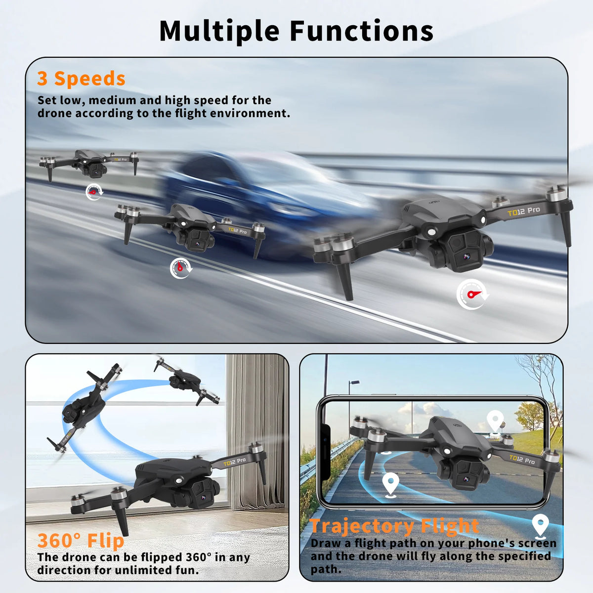 Drone 1080p HD Kameralla – TD12 Pro | 5G WiFi | Harjattomat Moottorit | Taitettava 140g | CE