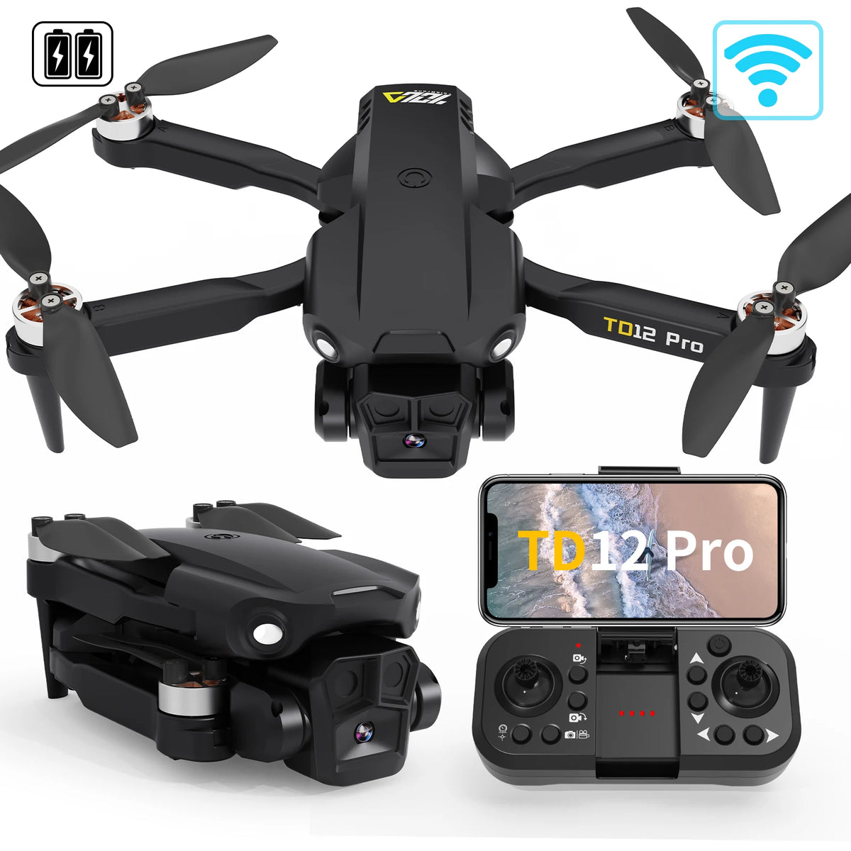 Drone 1080p HD Kameralla – TD12 Pro | 5G WiFi | Harjattomat Moottorit | Taitettava 140g | CE
