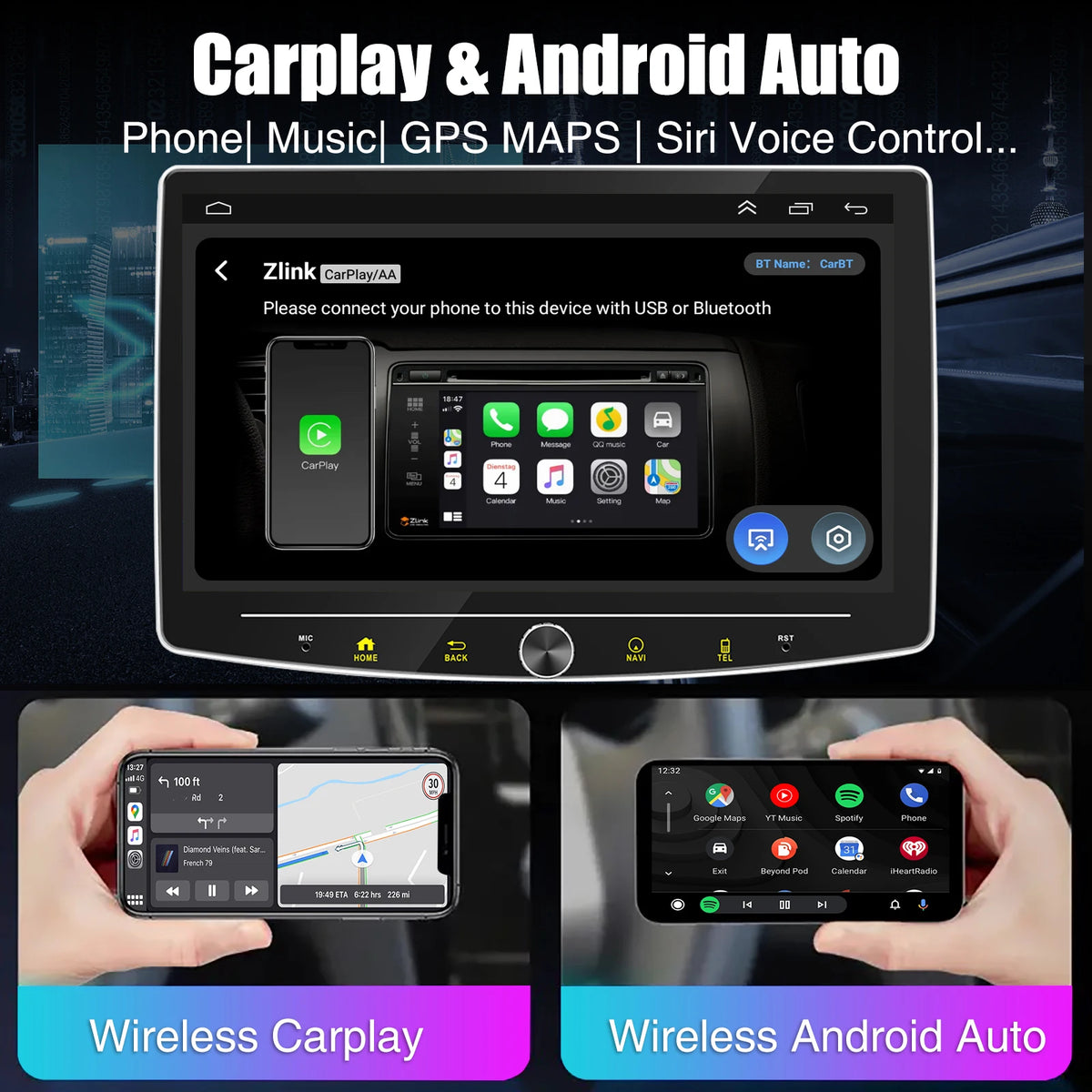 Yleismallinen Autosoitin 10" 1DIN – Android 15 | 4/64 Gt | CarPlay & Android Auto | GPS | WiFi